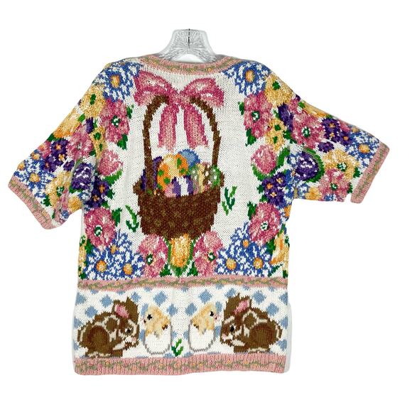 NWOT VINTAGE SUSAN BRISTOL Cardigan S Easter-BunnyEgg-Basket Floral Chunky-Knit - Picture 2 of 15